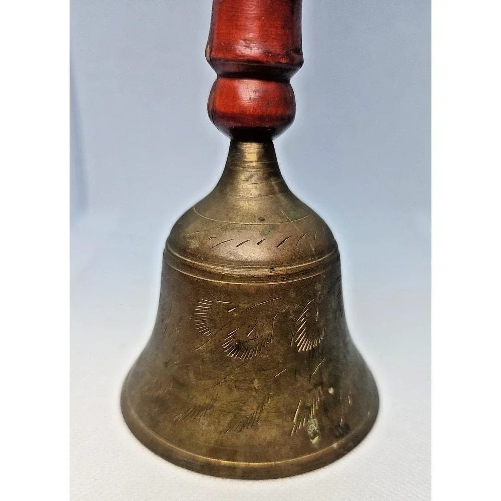 Vintage Brass Wood Bells Set of 2 Etched Decorative Rustic Bells